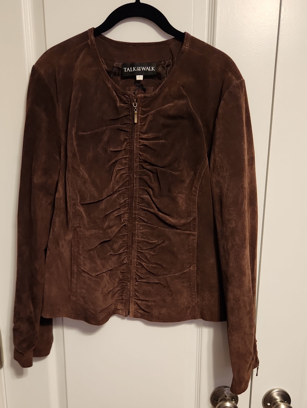 Talk of the Walk Brown Suede Ruching Zip-Front Jacket